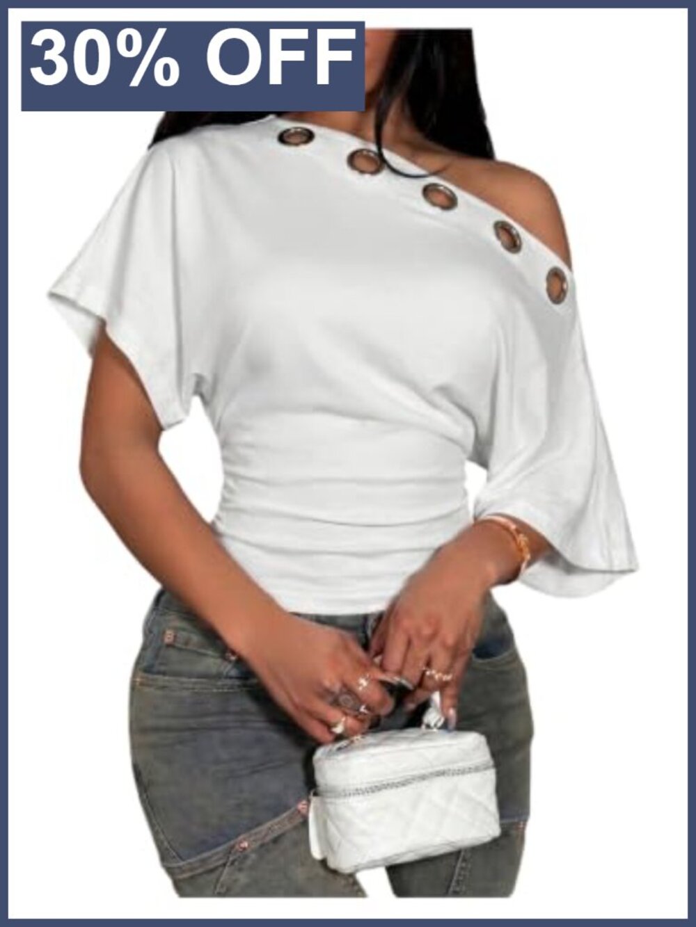 Off Shoulder Cinched Waist Top with Eyelet Grommets